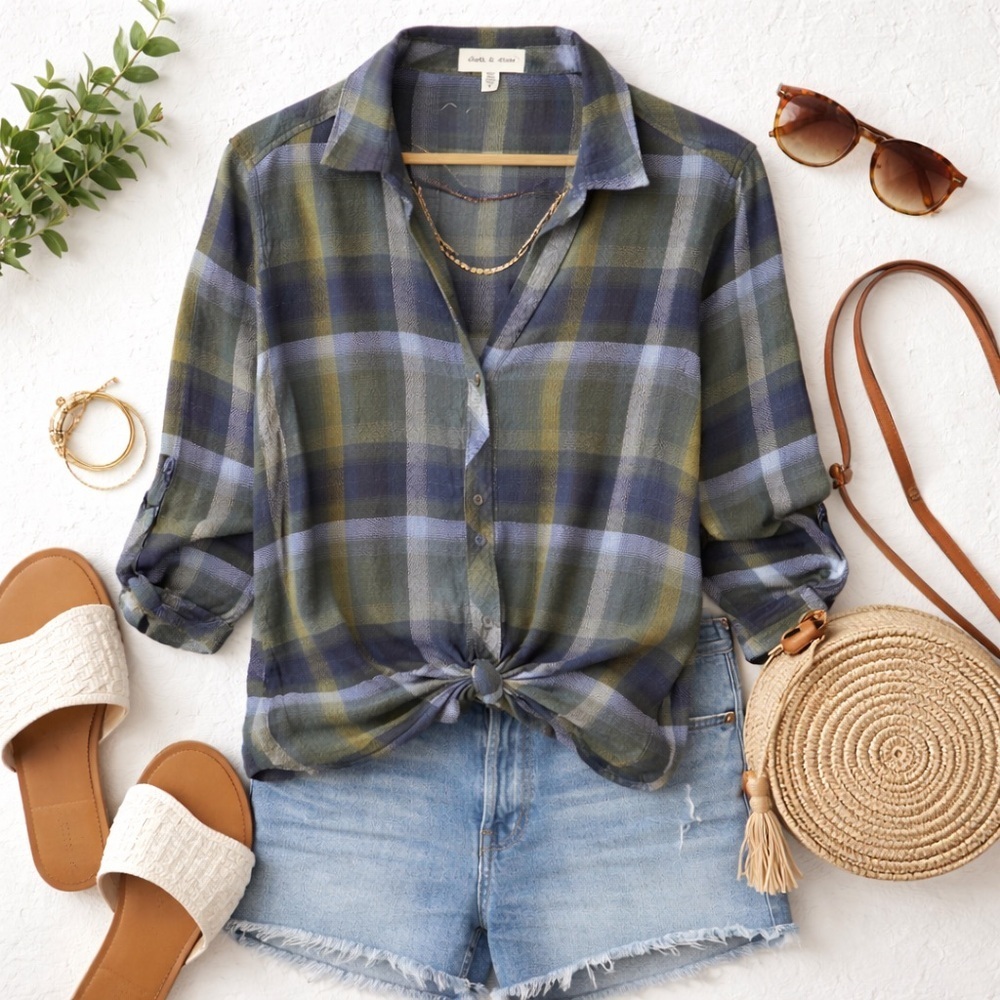 Cloth & Stone | Blue Olive Plaid Button Down Blouse | Rayon Blend | Size L - Picture 5 of 7